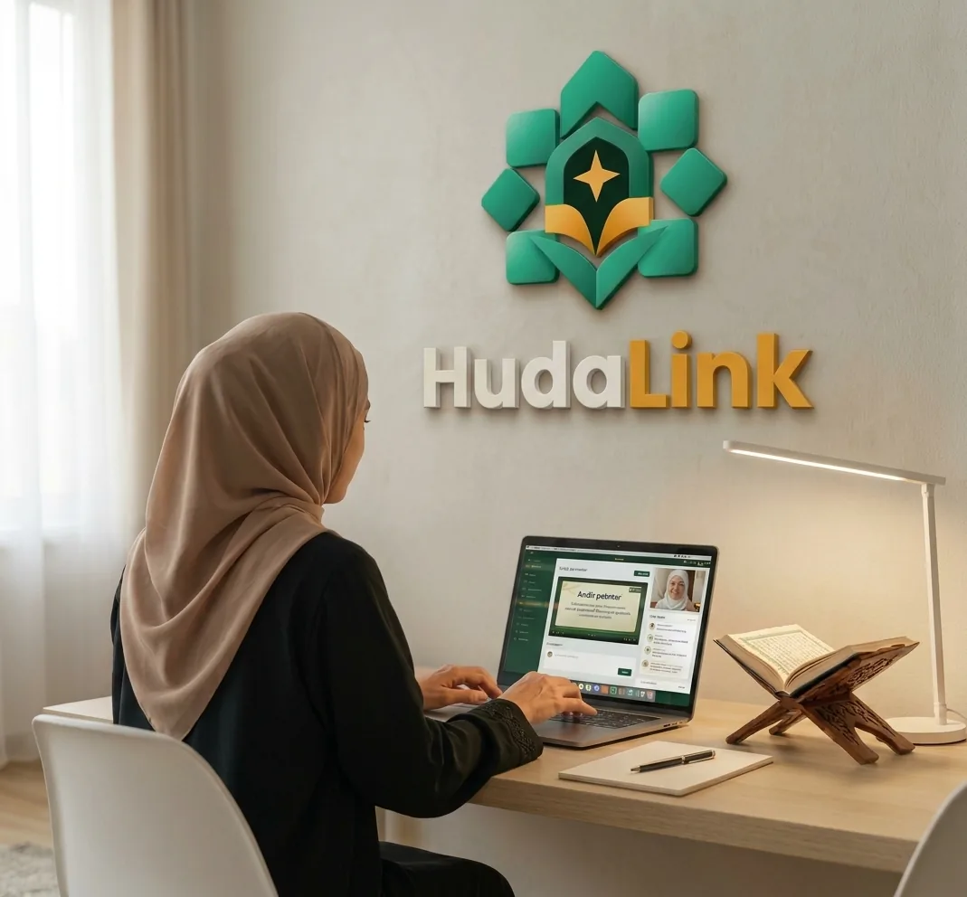 A learner in a headscarf studying online at a laptop beside a Qur'an stand, under the HudaLink logo