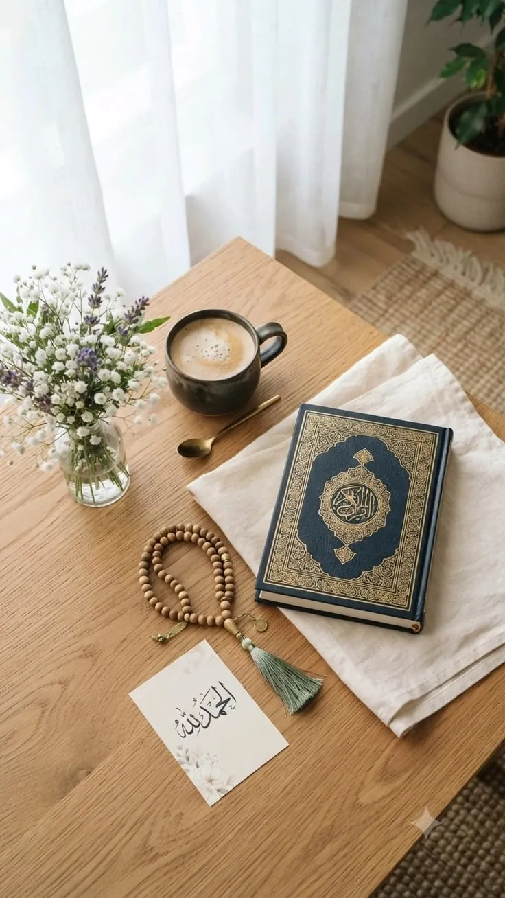 A Qur'an, prayer beads and a warm drink on a wooden table by a window