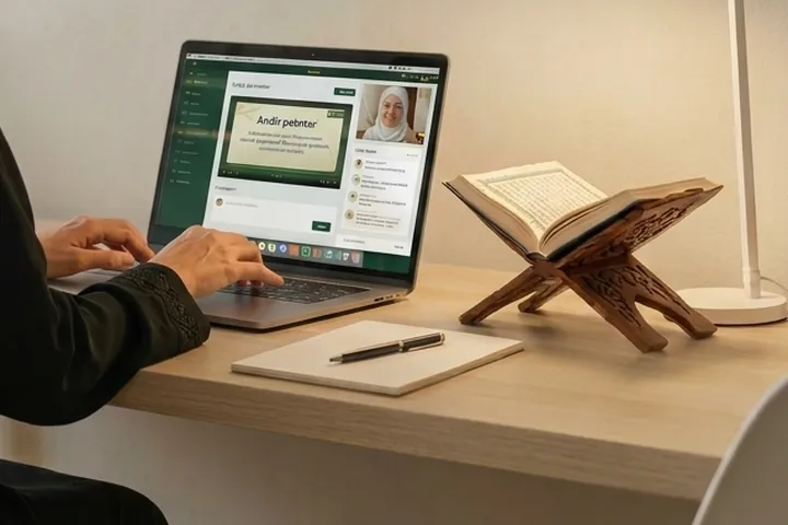 A laptop set up for an online lesson beside a Qur'an on a wooden stand
