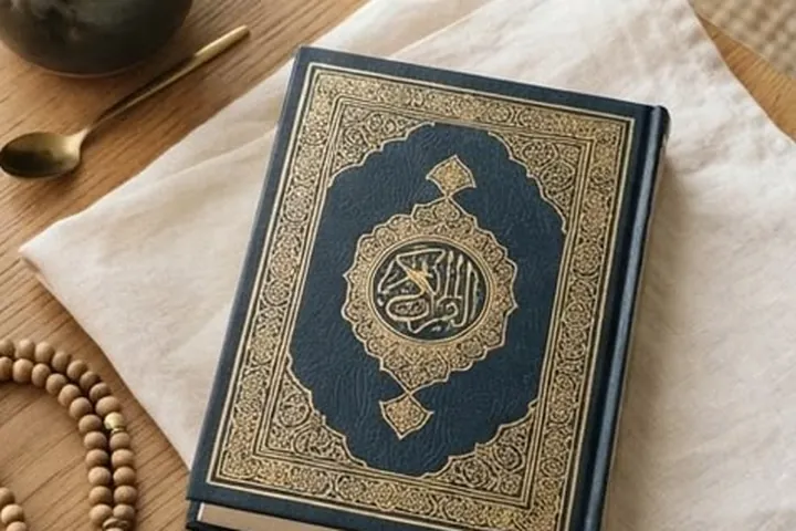 A Qur'an resting on a linen cloth